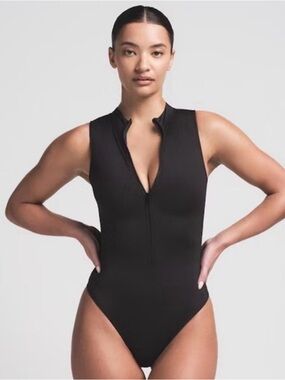 SKIMS Black Zip-Front One-Piece Swimsuit